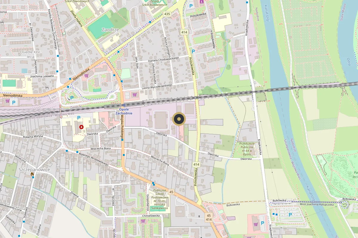 Mapa okolicy ul. Prószkowskiej 54 w Opolu z zaznaczonym salonem Fantazja Meble w Galerii Wnętrz