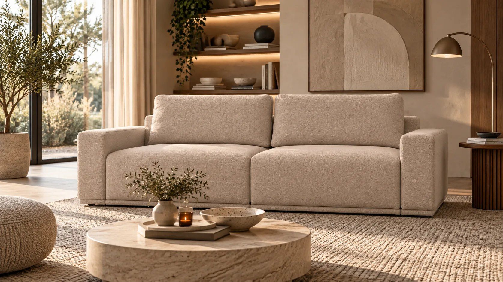 Beżowa sofa Livo w jasnym salonie z okrągłym trawertynowym stolikiem i drzewkiem oliwnym