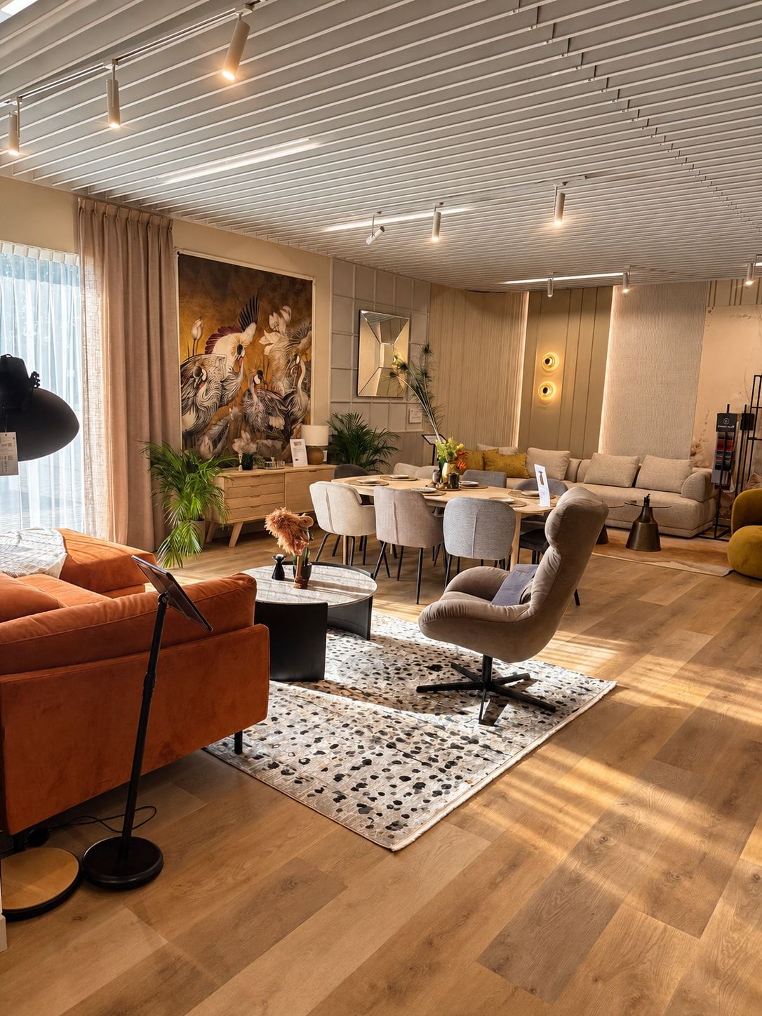 Przestronna ekspozycja salonu meblowego w Opolu: pomarańczowa sofa, fotel z wysokim oparciem, stół z krzesłami i jasna sofa w głębi